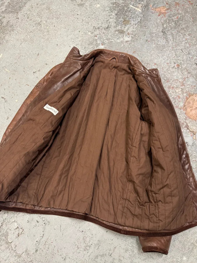 1990s Gianni Versace Brown Tribal Studded Leather Jacket iJbHtBz 4