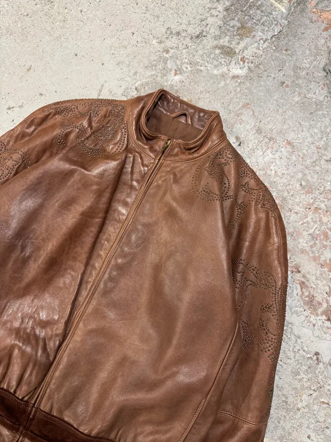 1990s Gianni Versace Brown Tribal Studded Leather Jacket iJbHtBz 5