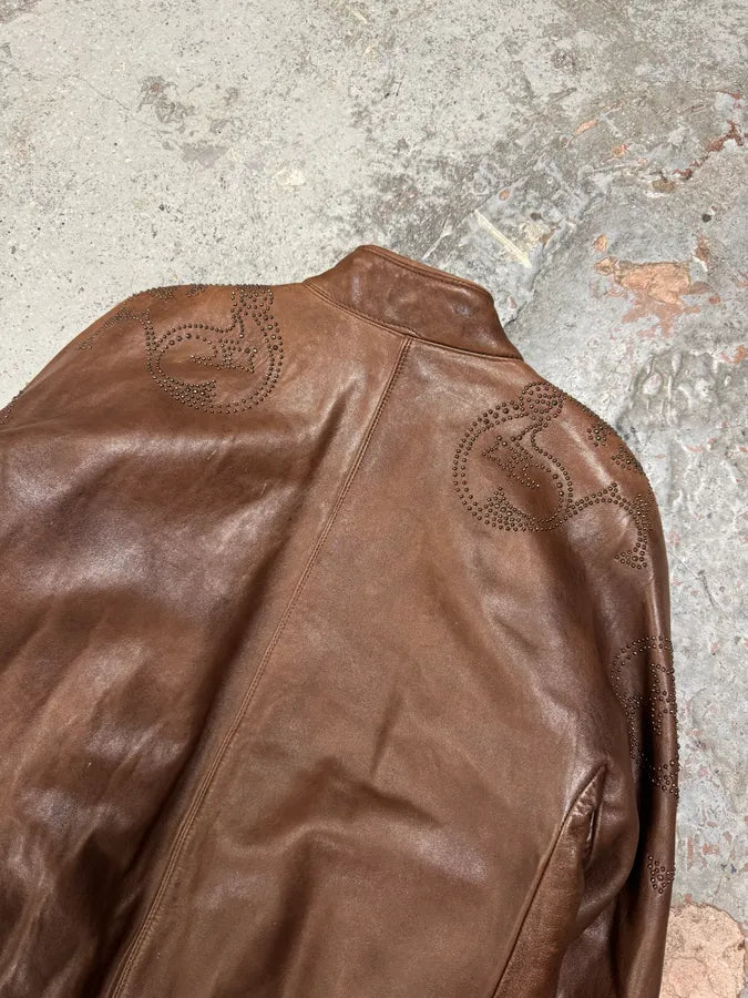 1990s Gianni Versace Brown Tribal Studded Leather Jacket iJbHtBz 6