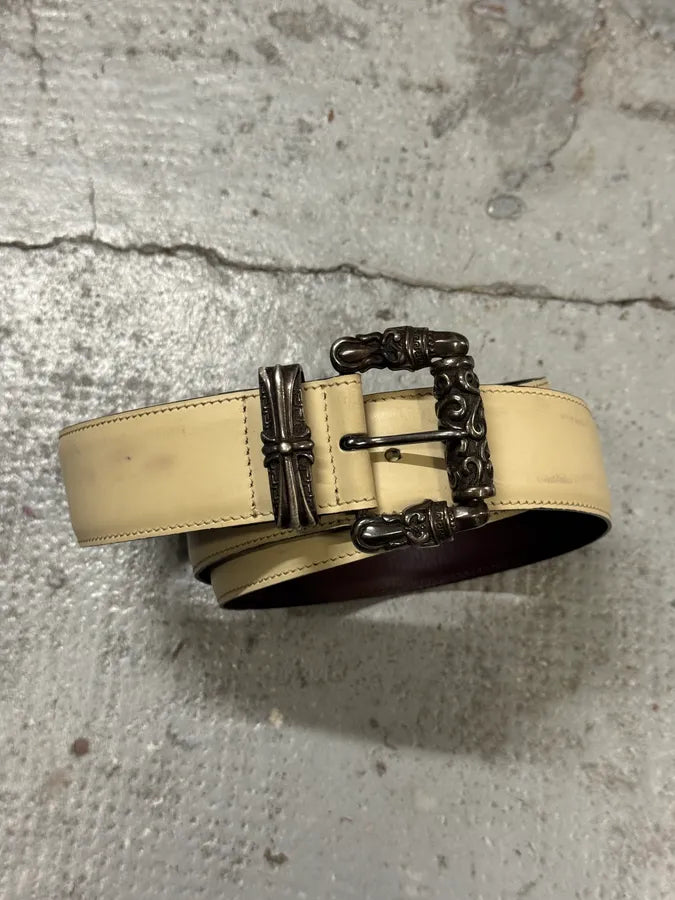 1990s Gianni Versace Gothic Cross Buckle Cream Beige Leather Belt TrqqkHM 0