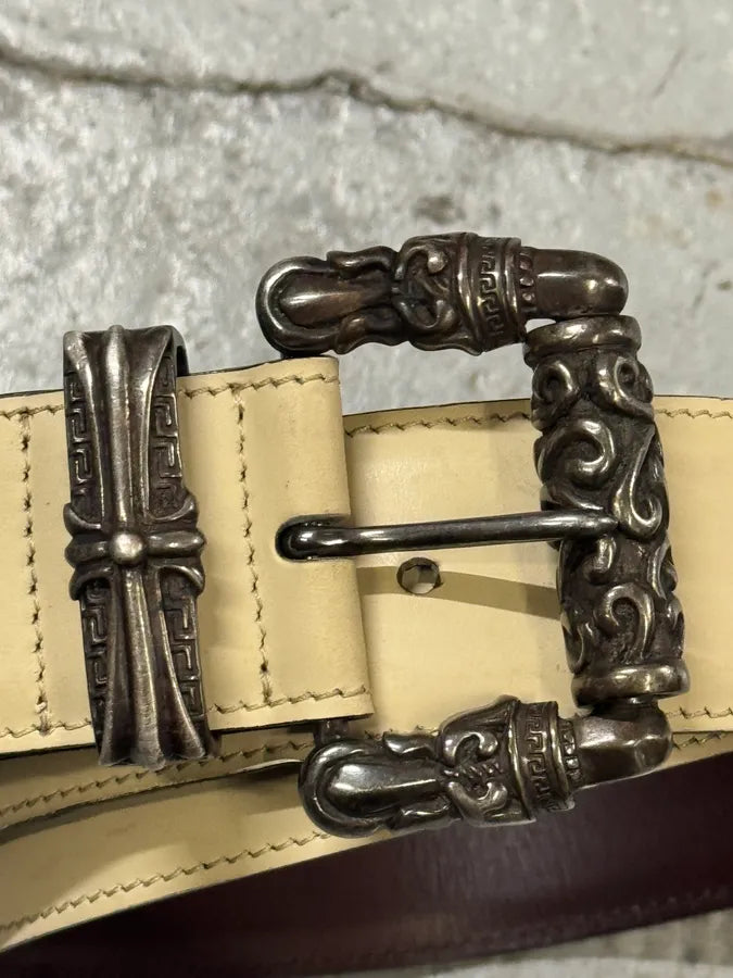1990s Gianni Versace Gothic Cross Buckle Cream Beige Leather Belt TrqqkHM 1