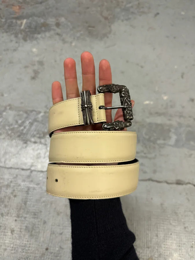 1990s Gianni Versace Gothic Cross Buckle Cream Beige Leather Belt TrqqkHM 2