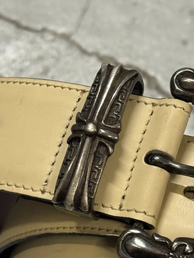 1990s Gianni Versace Gothic Cross Buckle Cream Beige Leather Belt TrqqkHM 3