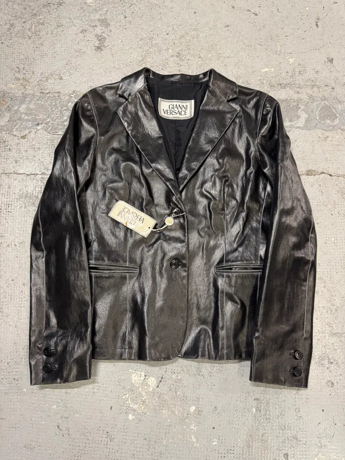1990s Gianni Versace Pure Black Leather Blazer Jacket ZeGvwjZ 0