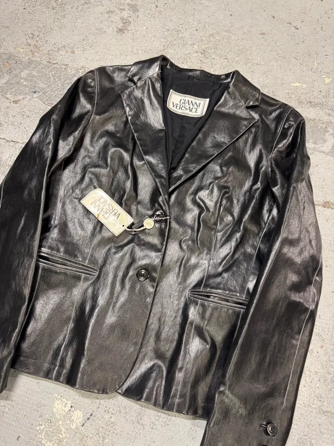 1990s Gianni Versace Pure Black Leather Blazer Jacket ZeGvwjZ 3