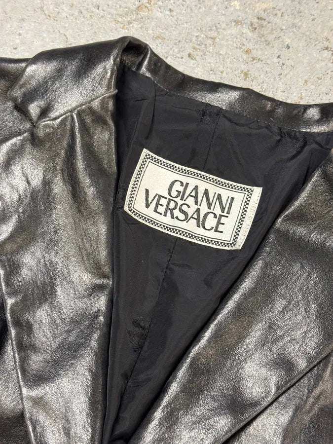 1990s Gianni Versace Pure Black Leather Blazer Jacket ZeGvwjZ 6