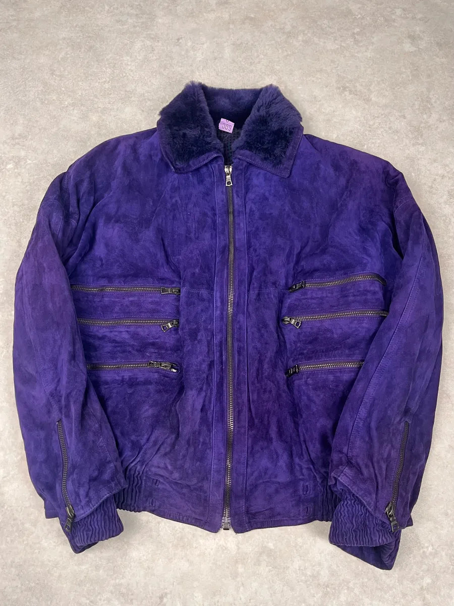 1990s Gianni Versace Purple Multi Zips Fur Collar Bomber Jacket zKDkSFs 0
