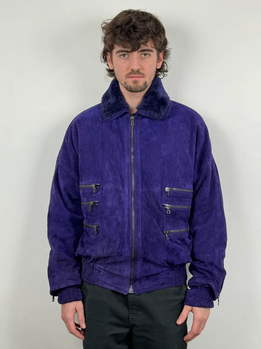 1990s Gianni Versace Purple Multi Zips Fur Collar Bomber Jacket zKDkSFs 1