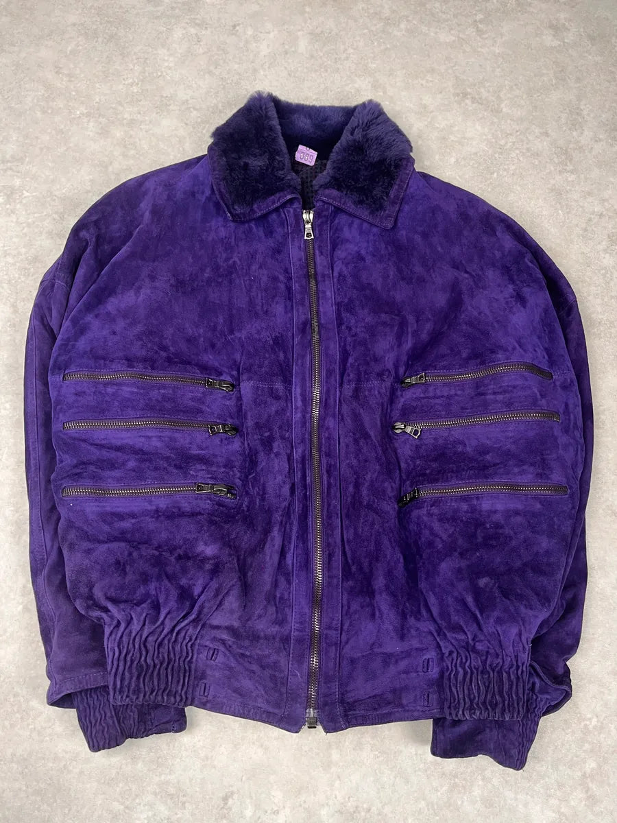 1990s Gianni Versace Purple Multi Zips Fur Collar Bomber Jacket zKDkSFs 3