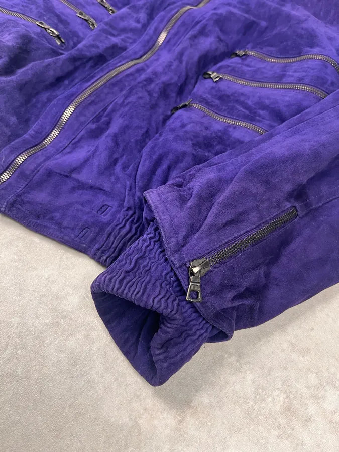 1990s Gianni Versace Purple Multi Zips Fur Collar Bomber Jacket zKDkSFs 5
