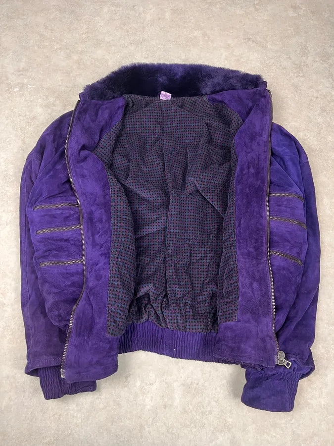 1990s Gianni Versace Purple Multi Zips Fur Collar Bomber Jacket zKDkSFs 7