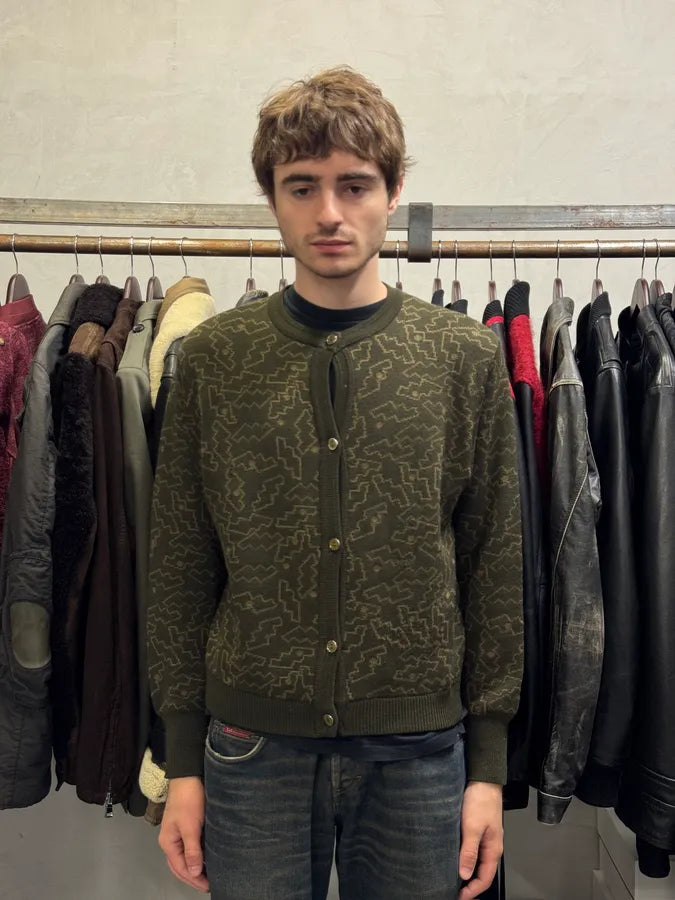 1990s Gianni Versace Puzzle Khaki Cardigan ObtUmDg 1