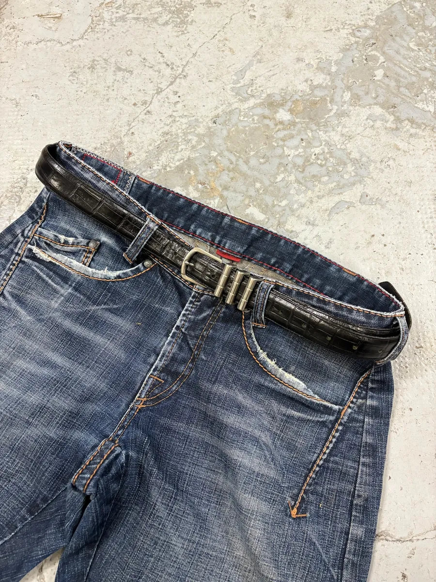 1990s Gianni Versace Triple Handle Crocodile Effect Leather Belt BXpWhxF 0