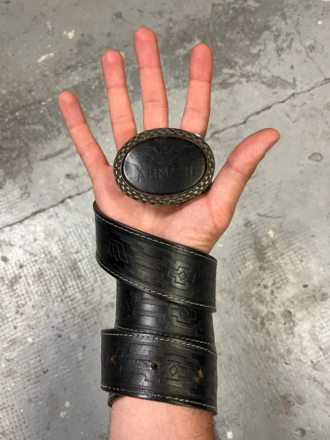 1990s Giorgio Armani Aztec Black Leather Belt (OS) enMFGfT 0