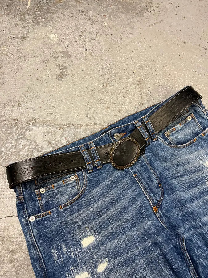 1990s Giorgio Armani Aztec Black Leather Belt (OS) enMFGfT 1