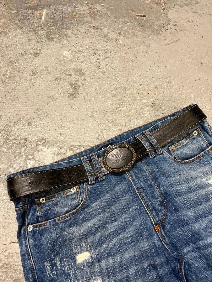 1990s Giorgio Armani Aztec Black Leather Belt (OS) enMFGfT 2