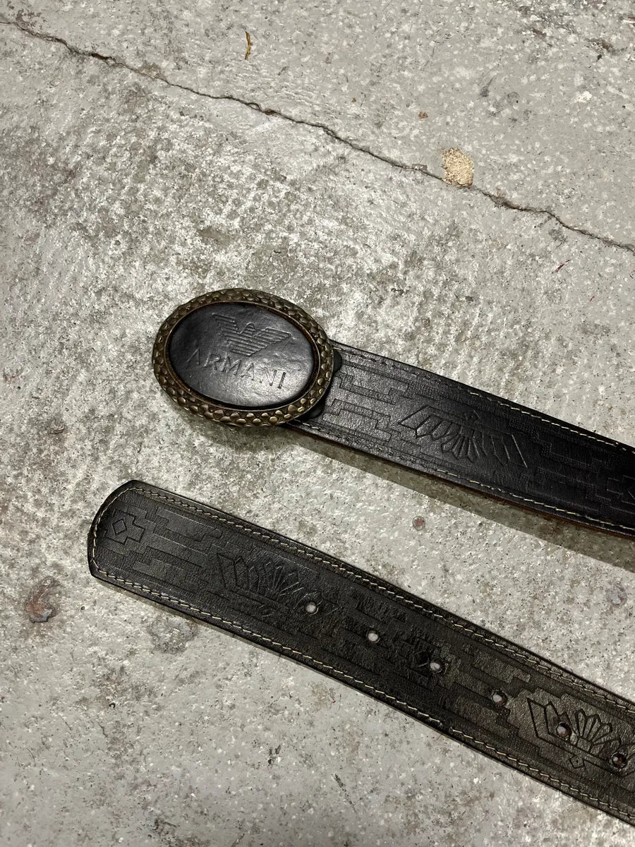 1990s Giorgio Armani Aztec Black Leather Belt (OS) enMFGfT 3