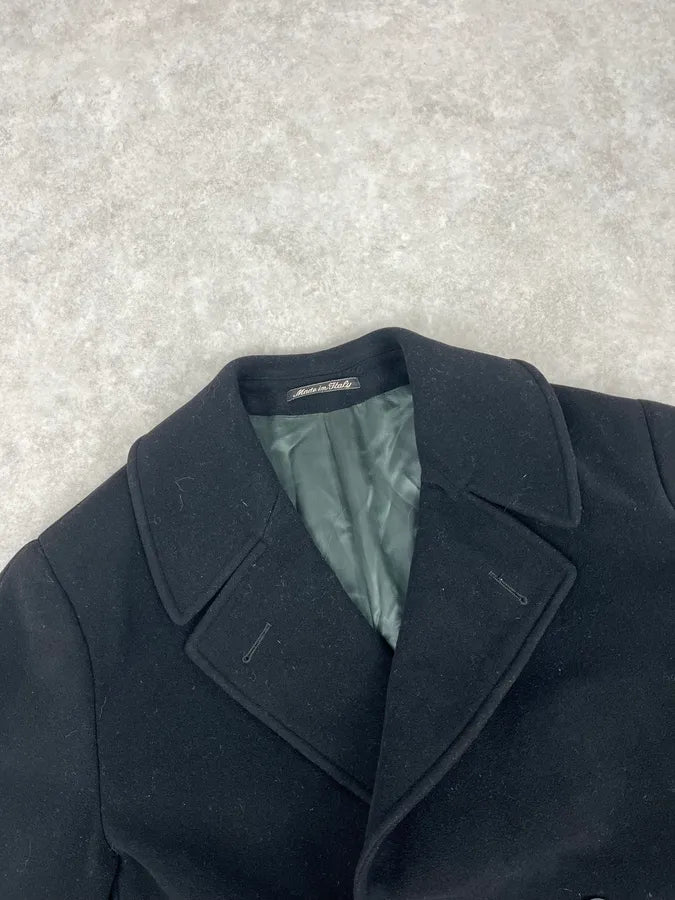 1990s Giorgio Armani Black Buttoned Wool & Silk Trench Coat vLhfAsG 3