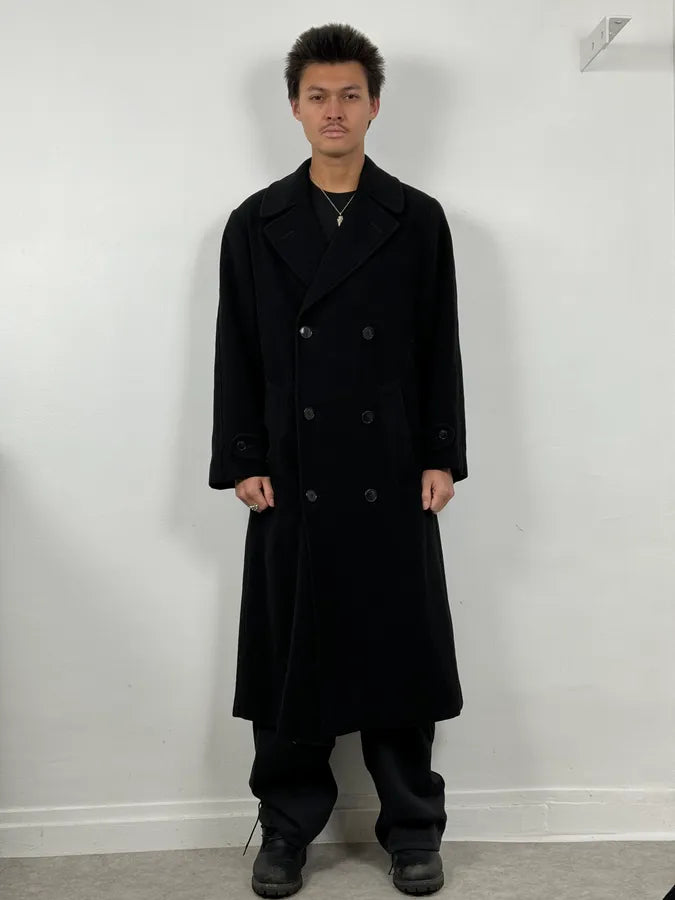 1990s Giorgio Armani Black Buttoned Wool & Silk Trench Coat vLhfAsG 1