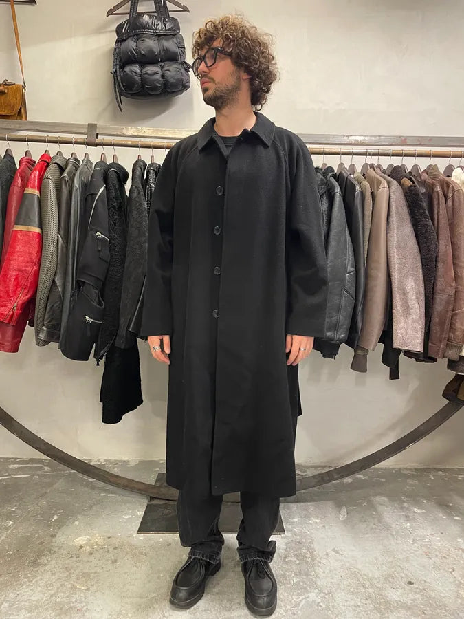 1990s Giorgio Armani Black Wool Trench Coat (L) HwOnfCx 1