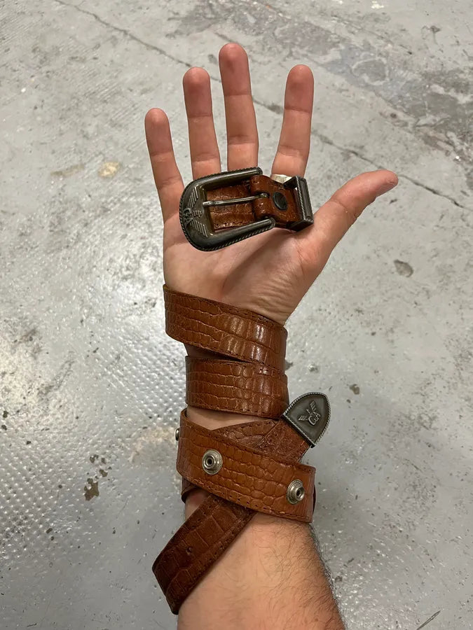 1990s Giorgio Armani Extensible Detachable Crocodile Effect Brown Leather Belt GhZWMfs 0