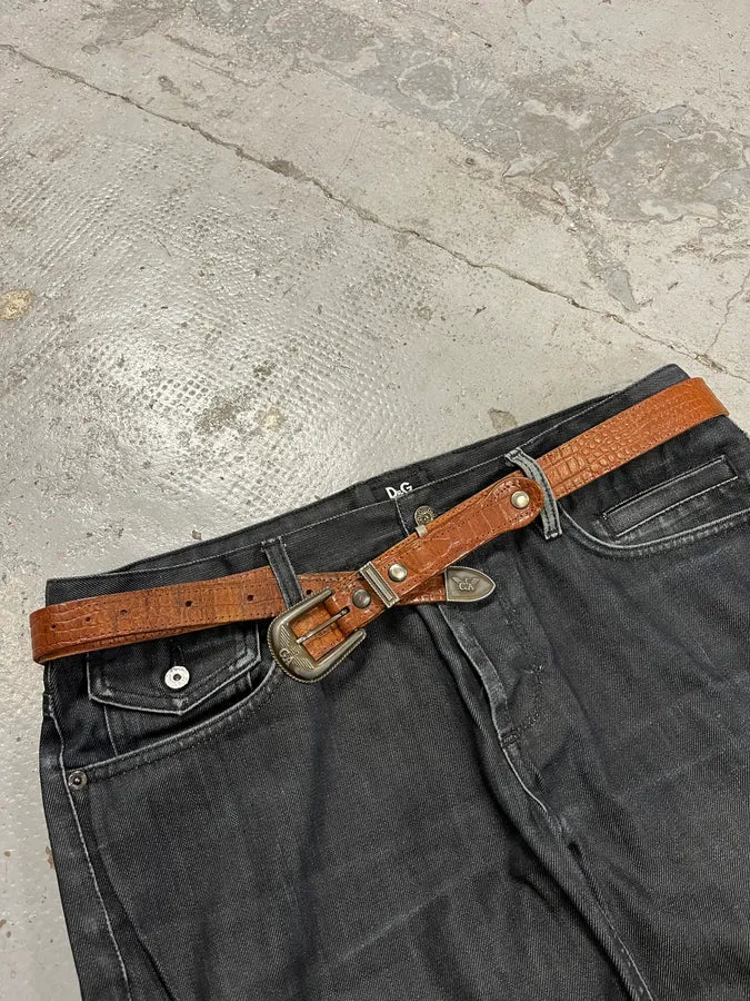 1990s Giorgio Armani Extensible Detachable Crocodile Effect Brown Leather Belt GhZWMfs 1