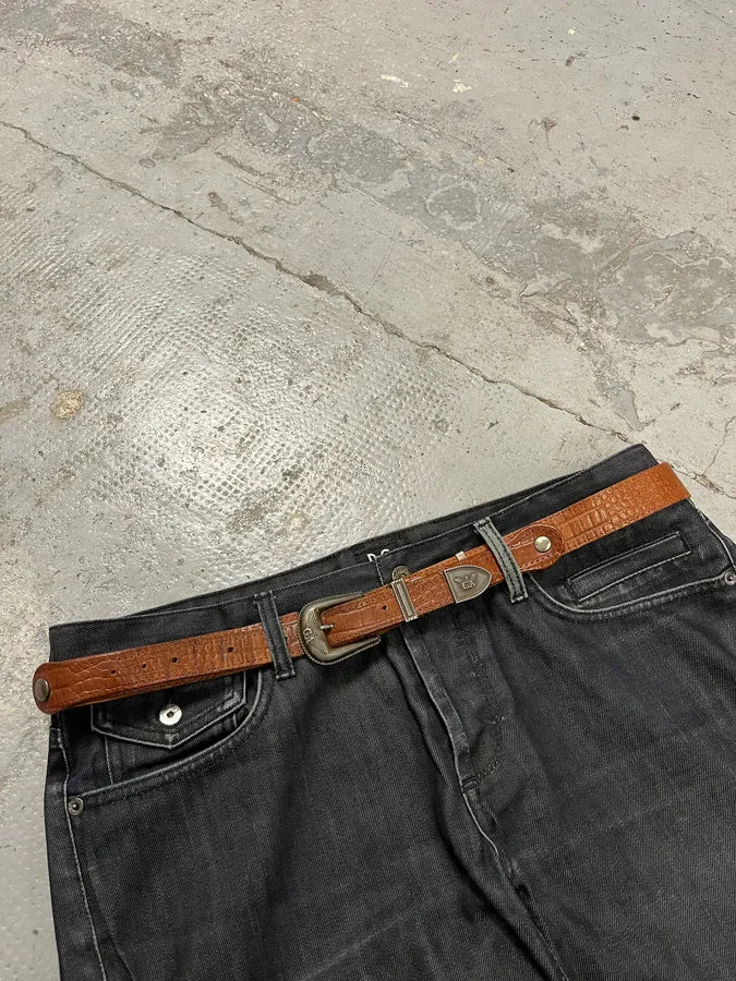 1990s Giorgio Armani Extensible Detachable Crocodile Effect Brown Leather Belt GhZWMfs 2