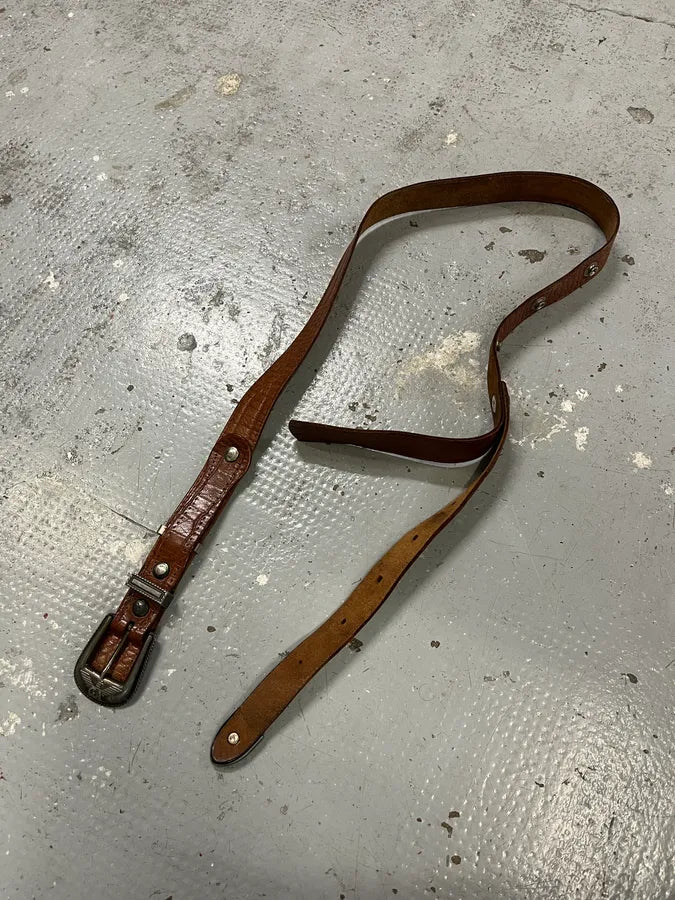 1990s Giorgio Armani Extensible Detachable Crocodile Effect Brown Leather Belt GhZWMfs 3