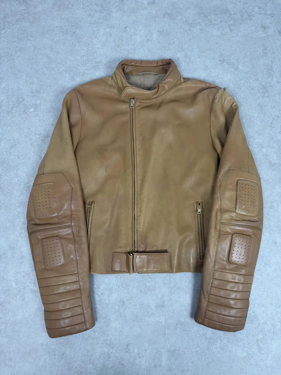 1990s Gucci Beige Paded Leither Biker Jacket aVrirAR 0