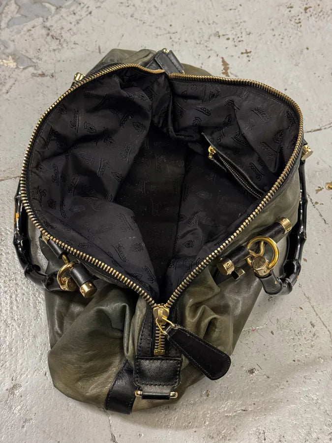 2000s Gucci Dark Green & Black Eroded Bamboo Handle Bag qDidnlO 13