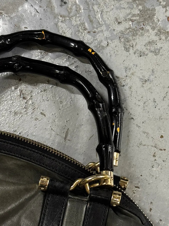2000s Gucci Dark Green & Black Eroded Bamboo Handle Bag qDidnlO 9
