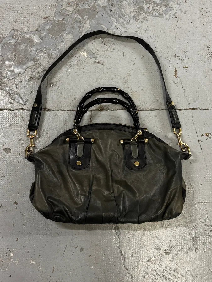 2000s Gucci Dark Green & Black Eroded Bamboo Handle Bag qDidnlO 0