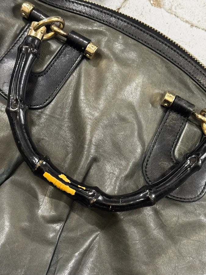 2000s Gucci Dark Green & Black Eroded Bamboo Handle Bag qDidnlO 10