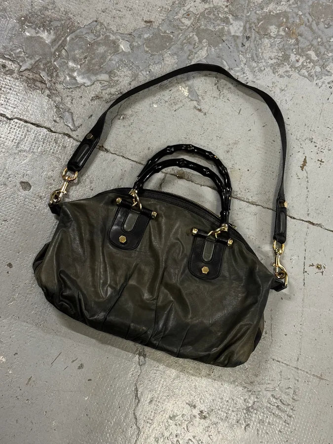 2000s Gucci Dark Green & Black Eroded Bamboo Handle Bag qDidnlO 6