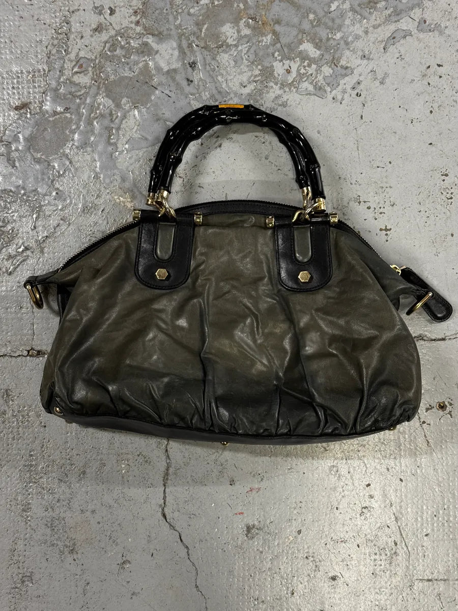2000s Gucci Dark Green & Black Eroded Bamboo Handle Bag qDidnlO 3