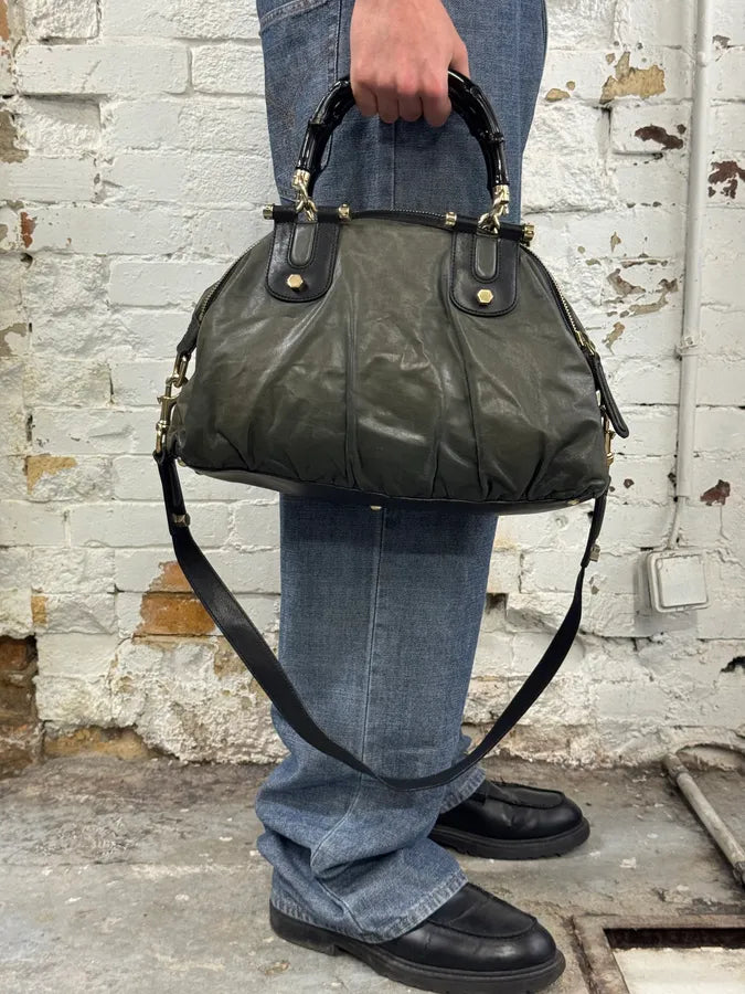 2000s Gucci Dark Green & Black Eroded Bamboo Handle Bag qDidnlO 2