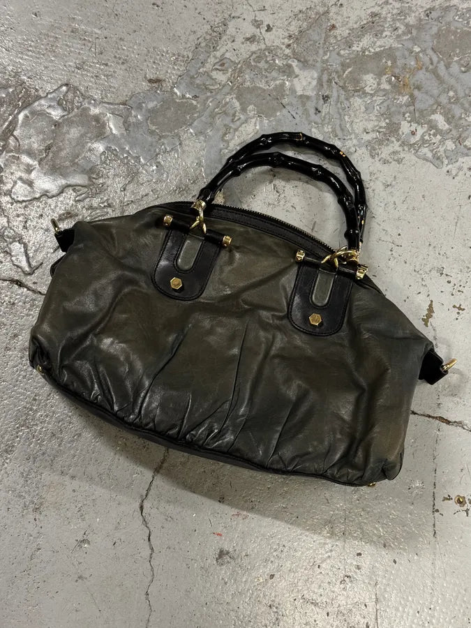 2000s Gucci Dark Green & Black Eroded Bamboo Handle Bag qDidnlO 5