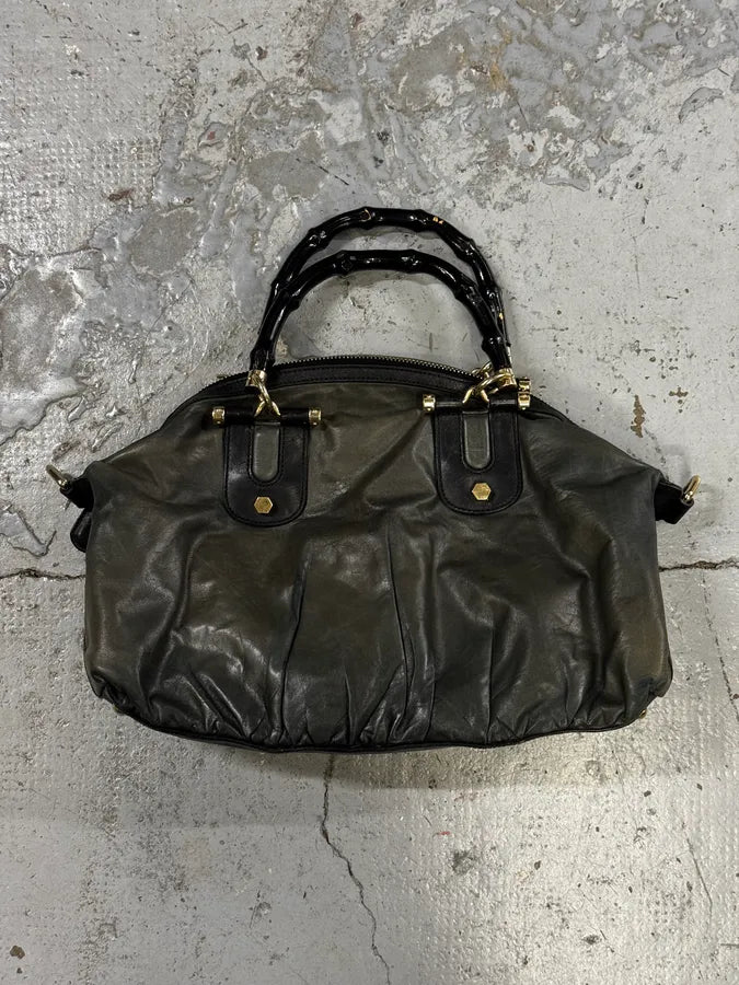 2000s Gucci Dark Green & Black Eroded Bamboo Handle Bag qDidnlO 4