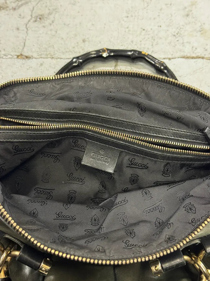 2000s Gucci Dark Green & Black Eroded Bamboo Handle Bag qDidnlO 14