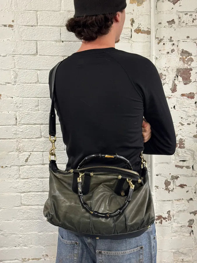 2000s Gucci Dark Green & Black Eroded Bamboo Handle Bag qDidnlO 1