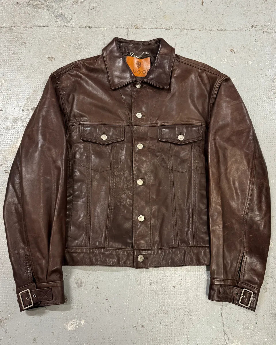 1990s Gucci Buttoned Brown Leather Jacket (L) 0
