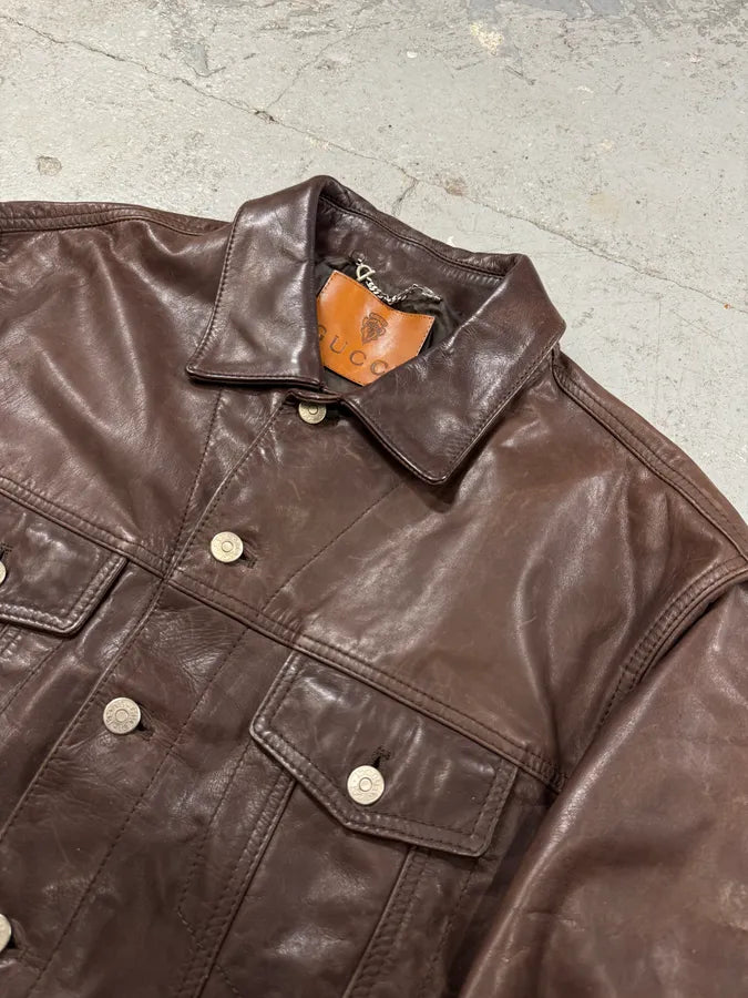 1990s Gucci Buttoned Brown Leather Jacket (L) 1