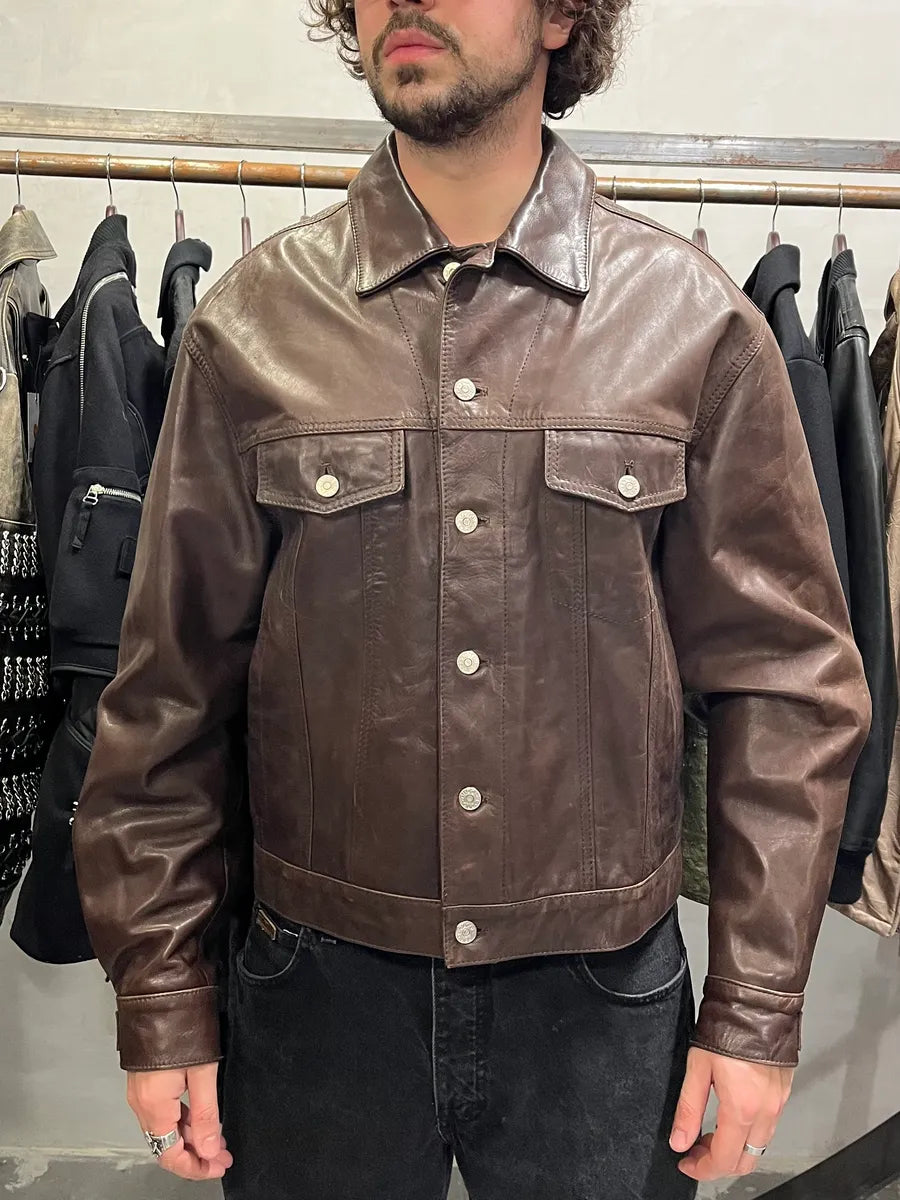 1990s Gucci Buttoned Brown Leather Jacket (L) 2