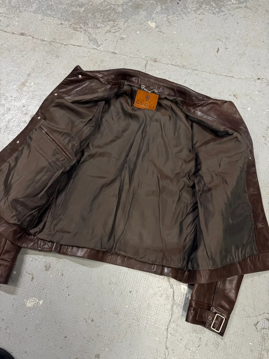 1990s Gucci Buttoned Brown Leather Jacket (L) 7