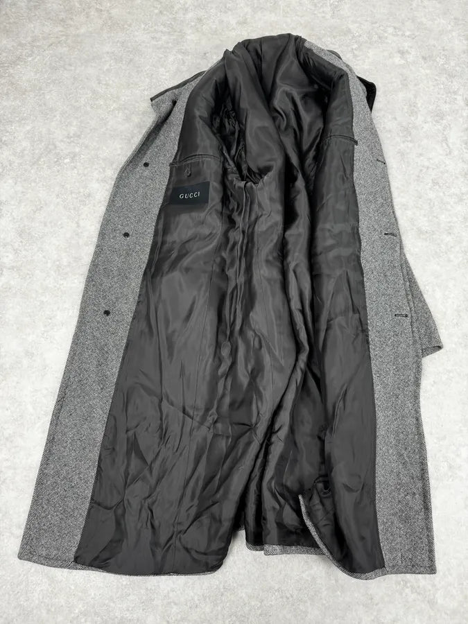 1990s Gucci Grey Wool Leather Collar Trench Coat jleqiVX 6