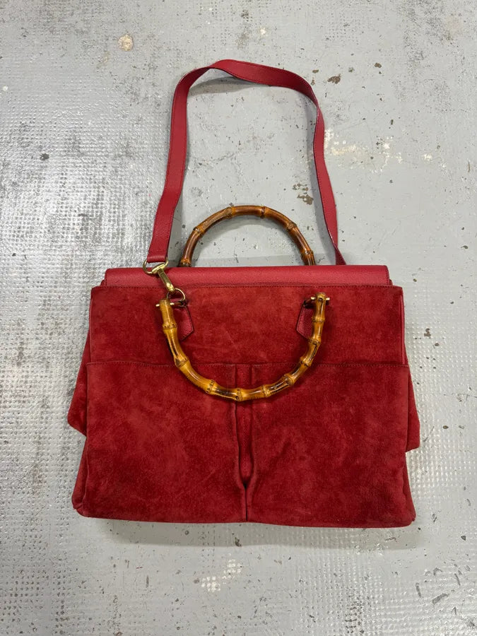 1990s Gucci Red Suede Leather Bamboo Handle Shoulder Bag opUlQyf 1