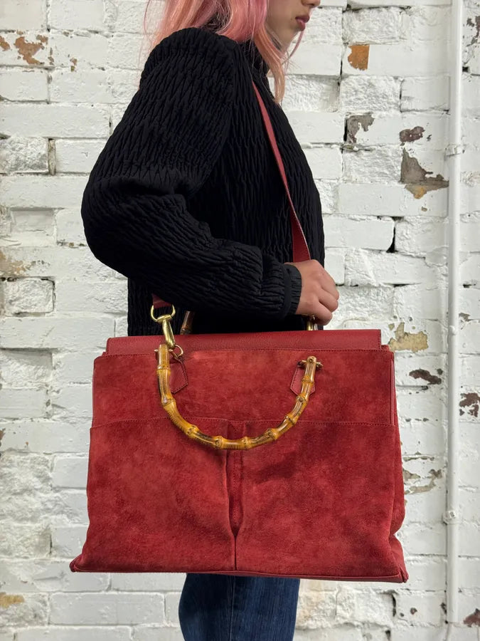 1990s Gucci Red Suede Leather Bamboo Handle Shoulder Bag opUlQyf 0
