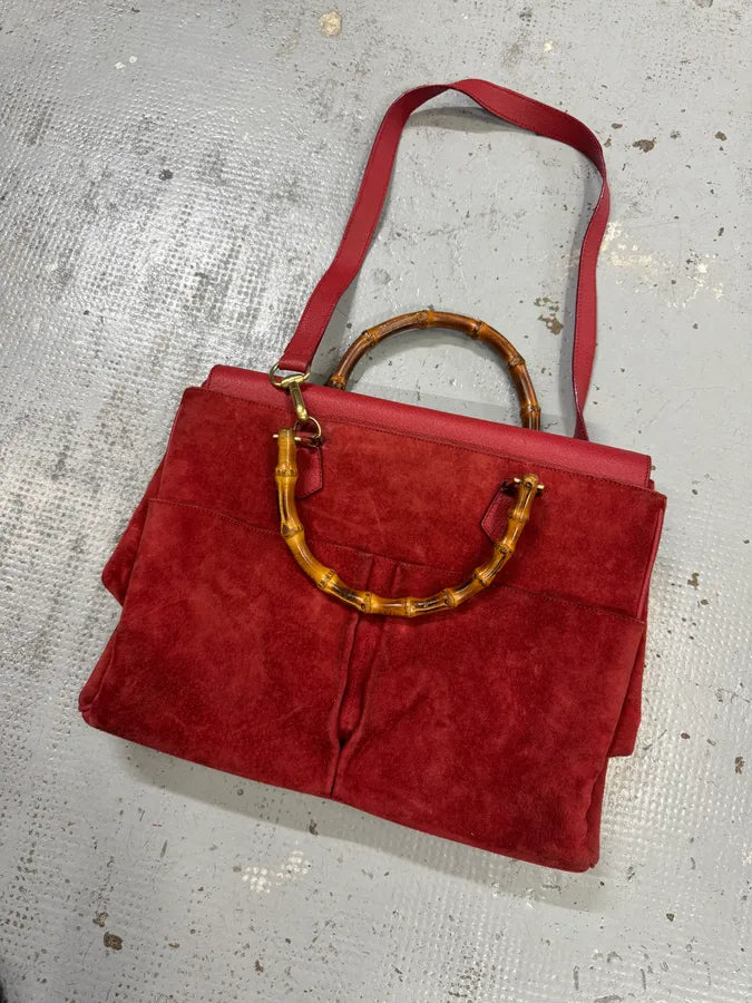 1990s Gucci Red Suede Leather Bamboo Handle Shoulder Bag opUlQyf 2