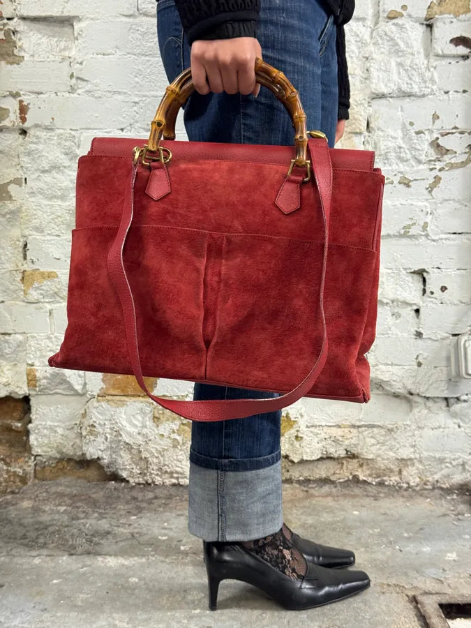 1990s Gucci Red Suede Leather Bamboo Handle Shoulder Bag opUlQyf 3