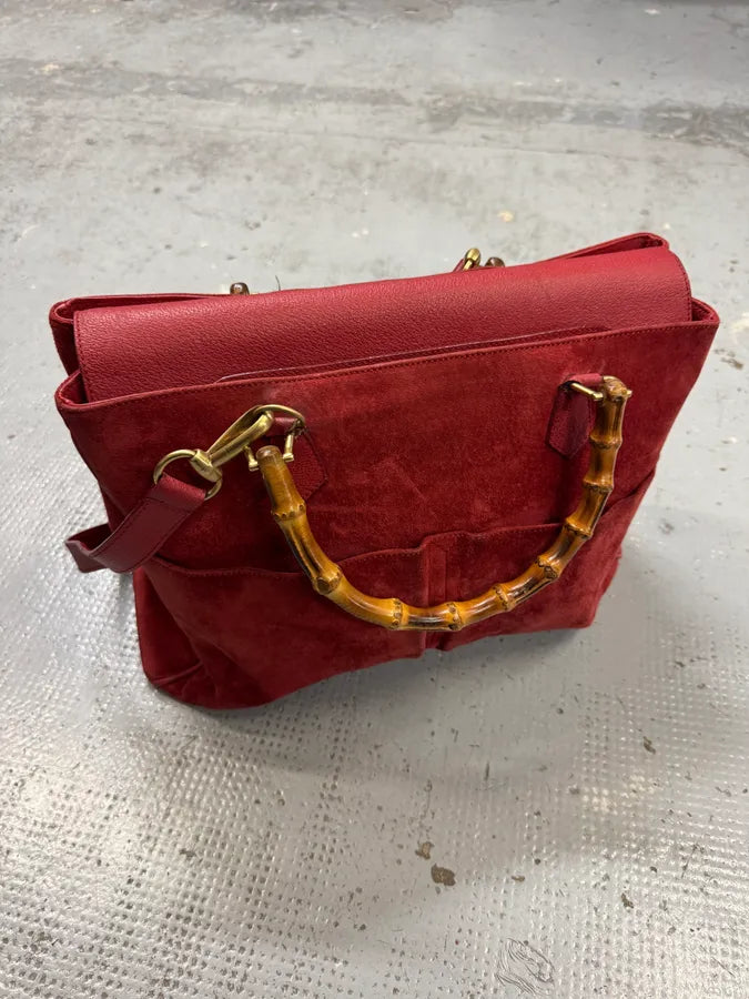 1990s Gucci Red Suede Leather Bamboo Handle Shoulder Bag opUlQyf 4